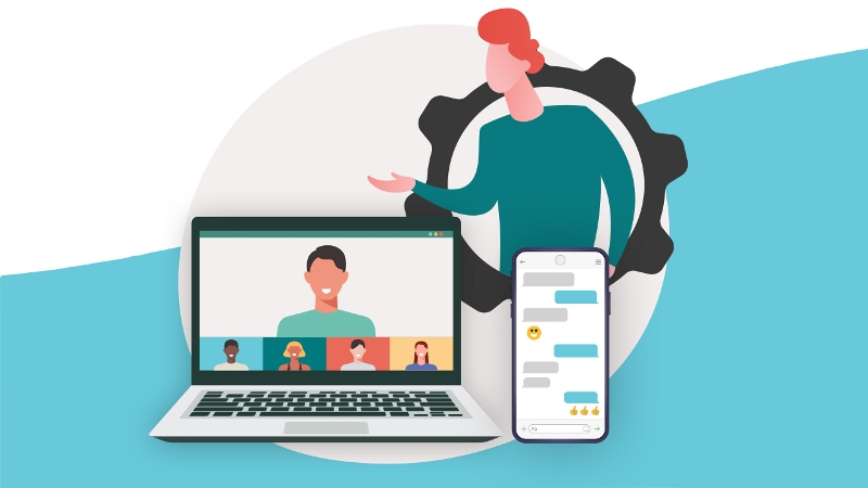 Illustration of a web meeting on a laptop, a chat message on a mobile device, and a person speaking