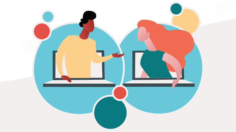 Illustration of two people having a conversation, their bodies inside laptops