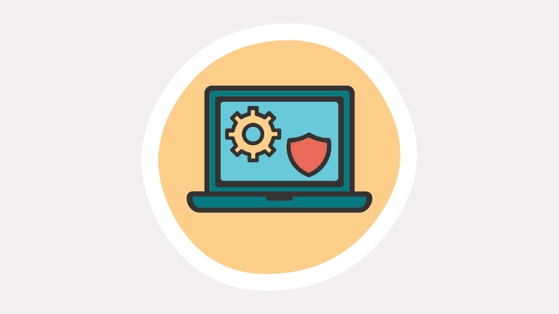 Line drawing of a laptop computer with a settings symbol and a security symbol