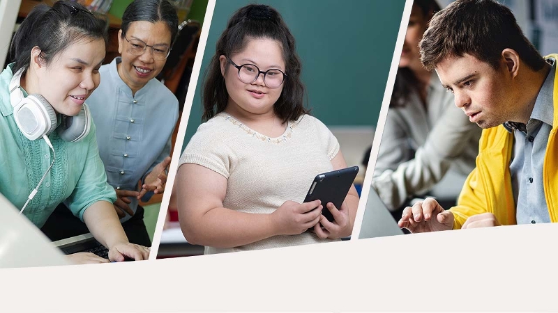 Collage of photos: a blind student working with an adult, a young adult holding a tablet computer, and a young adult working at a computer