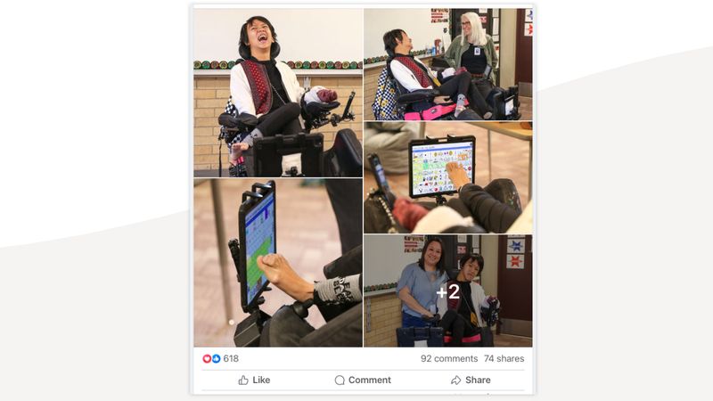 Facebook post of an array of photos. Photos include a student in a wheelchair and communication device in various learning environments