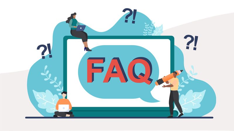 Illustration of laptop computer with a speech bubble with FAQ and small people surrounding it.